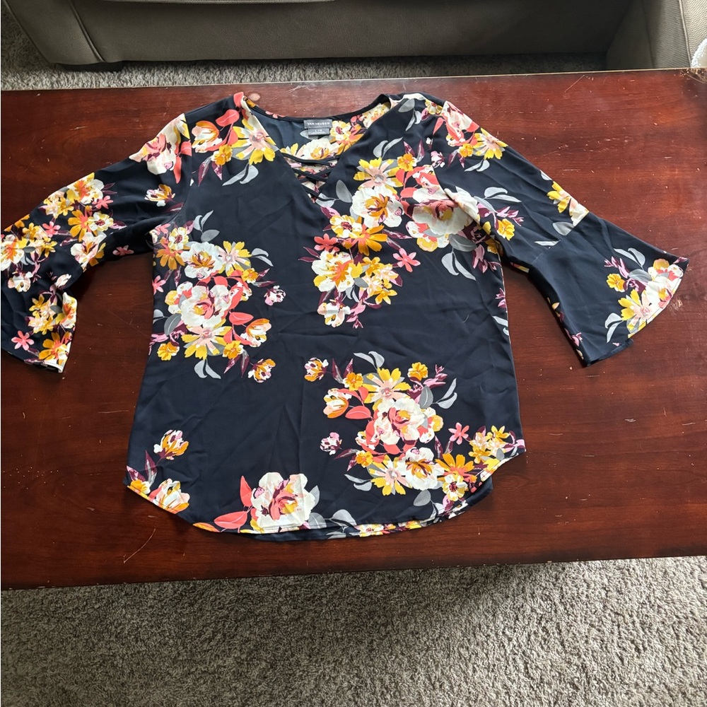 Van Heusen Blue and Pink Ruffled Bell Sleeve Blouse